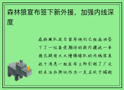 森林狼宣布签下新外援，加强内线深度