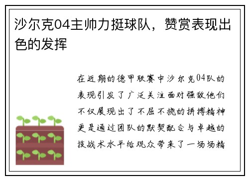 沙尔克04主帅力挺球队，赞赏表现出色的发挥