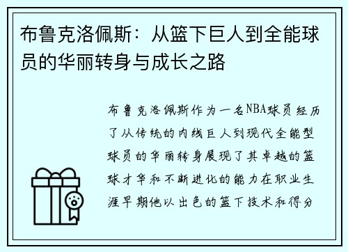 布鲁克洛佩斯：从篮下巨人到全能球员的华丽转身与成长之路